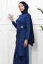 Navy Blue Waist Detailed Stoned Evening Dress - 2