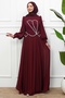 Burgundy Stone Embroidered Bustier Evening Dress