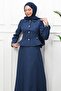 Navy Blue Buttoned Jacket and Skirt Set - 3
