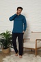 Long Sleeve Buttoned Collar Indigo Color Men's Pajama Set - 3