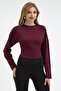 Women's Long Sleeve Fitted Waist Burgundy Crop Blouse