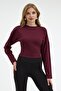 Women's Long Sleeve Fitted Waist Burgundy Crop Blouse - 3