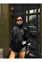 High Collar Textured Oversize Leather Jacket - 8