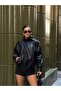 High Collar Textured Oversize Leather Jacket - 5