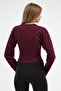 Women's Long Sleeve Fitted Waist Burgundy Crop Blouse - 4