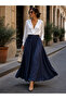 Gabardine Flat Navy Blue Color Skirt with Hidden Pockets, Elastic Waist, 95 cm Length, Maxi Flared Skirt - 3