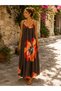 Brown Poppy Patterned Strappy Bohemian Dress