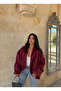Burgundy Balloon Sleeve Suede Bomber Jacket - 3