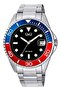 Men's Analog Watch with Date, Black Dial, Stainless Steel Silver Strap, Blue Red Bezel, 5 BAR, A49A-001PY