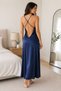 Women's Navy Blue Satin Thin Straps Deep Backless Cross Tie Underbust Lace Detailed Deep Slit Long Maxi Length Stylish Nightgown Dowry Dress Home Wear - 2