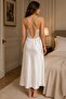 Women's White Satin Long Nightgown with Thin Straps, Crossed Back, Low-Cut, Lace Embroidery, Deep Slit, Dowry Nightgown - 2