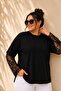 Women's Plus Size Long Sleeve Inner Lace Detail Wide Collar Side Slit Stretchy Viscose Blouse