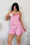 Women's suspender cherry patterned shorts pajama set pink - 3300 - 3