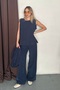 Women's Navy Blue Soft Textured Shirt Blouse Palazzo Trousers Triple Woven Set - 2