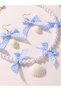 Girls Checked Bow and Heart Charms Pearl Necklace and Earrings Set - 3