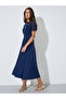 Navy Blue Lace and Button Details A-Line Midi Dress