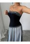 Black Strapless A-Line Maxi Dress with Pearl Embellishment - 5