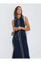 Navy Blue Solid Contrast Trims Collared T-Shirt Midi Dress - 2