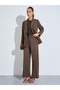 Brown Solid Double-Breasted Blazer and Wide Leg Pants Set - 3