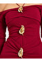 Burgundy Embellished A-Line Midi Dress with Off-Shoulder Long Sleeves - 4