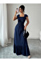 Navy Blue Maxi Dress with Ruffle Sleeves and Shirred Waist