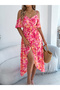 Pink Floral Midi A-Line Dress with Short Sleeves - 2