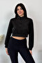 Women's High Collar Half Zipper Long Sleeve Sweatshirt Black - 2534 - 4