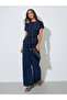 Dark Blue Solid Tie-Up Waist Cap Sleeves Blouse - 2
