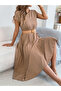 Beige Pleated A-Line Midi Dress - 2