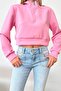 Women's Stand Collar Half Zipper Long Sleeve Sweatshirt Pink - 2534 - 2
