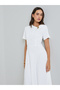 Beige Short-Sleeve A-Line Midi Dress