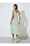 Green Embroidered Square neck A-Line Midi Dress - 5