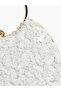 White Sequin Handbag with Gold Tone Ring Handle - 3