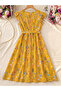 Yellow Floral A-Line Midi Dress with Short Sleeves - 3