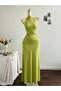 Green Ruched Halter Neck Wiggle Maxi Dress - 6