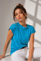 Women's Turquoise Viscose Short Sleeve Blouse with Pearl Accessories - 3