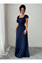 Navy Blue Maxi Dress with Ruffle Sleeves and Shirred Waist - 8