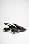 Women's Black 4 cm Thick Short Heeled Open-Back Shoes with Gold Detail - 7