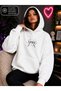 Women's Heart and Star Detailed White Ribbon Printed Hooded Kangaroo Pocket Cotton Casual Sweatshirt
