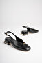 Women's Black 4 cm Thick Short Heeled Open-Back Shoes with Gold Detail - 4