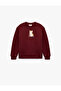 Three Threaded Ribbed Long Sleeve Crew Neck Cat Printed Sweatshirt