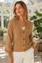 Women's V-Neck Long Sleeve Balloon Sleeve Front Button Closure Hair Braided Elastic Waist Camel Knitwear Cardigan
