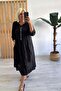 Black half button sequin detailed jersey garnished linen dress