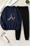 Unisex Bonjour Paris Design Printed Crew Neck Sweatshirt - 2-Piece Tracksuit Set
