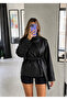 High Collar Double-Breasted Buttoned Leather Trench Jacket - 5