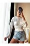 Women's White Long Sleeve Knitted Scuba Blouse with Drawstring Detail
