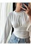 Women's White Long Sleeve Knitted Scuba Blouse with Drawstring Detail - 5