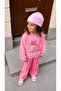 Girl's Pink Cat Printed Sweatshirt Striped Tracksuit 3 Thread Fabric Top and Bottom Set - 5