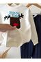 Boy's Top Ecru Deer Embroidery Detailed Bottom Striped 3 Thread Fabric Bottom Top Tracksuit Set - 4