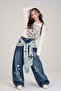Navy Blue Vintage Scarf Rabbit Print Baggy Pants - 5